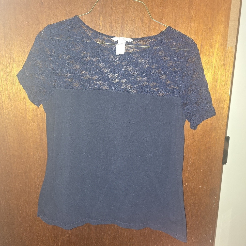 H&M Navy Lace Short Sleeve Top